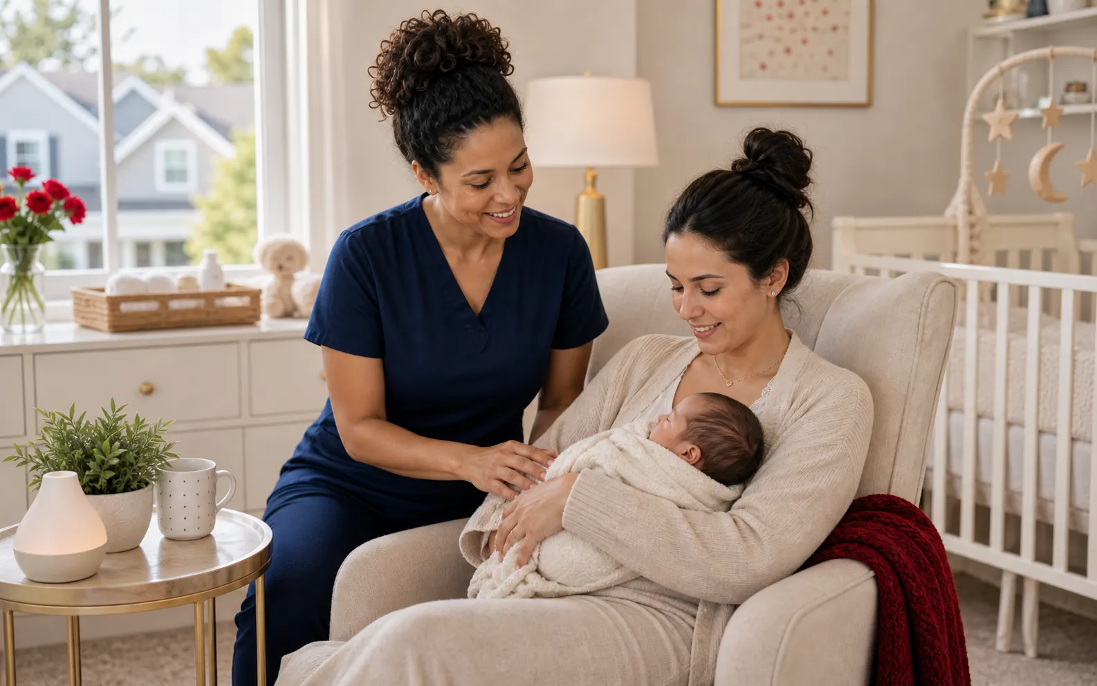 Professional nanny helping children with activities in an Indiana family home