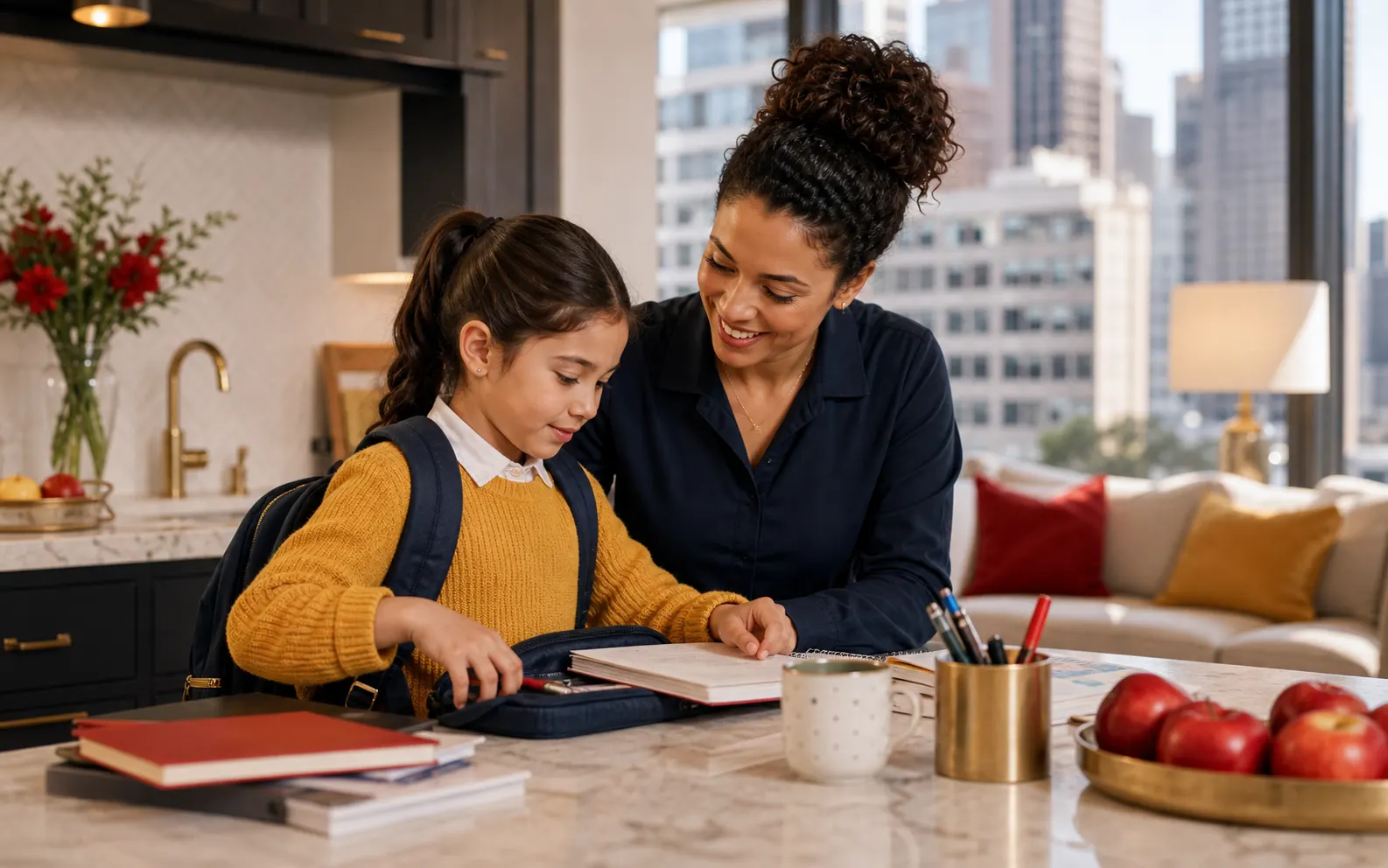 Professional nanny reading with children in a New York family apartment