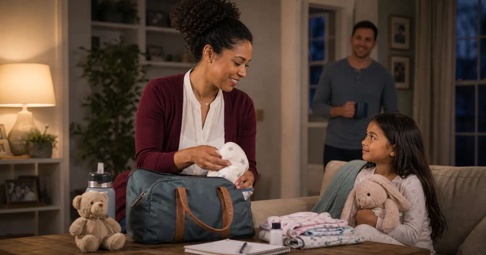 Nanny preparing overnight care supplies in a family living room
