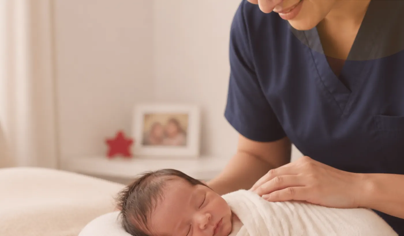 Doula providing calm newborn and postpartum family support
