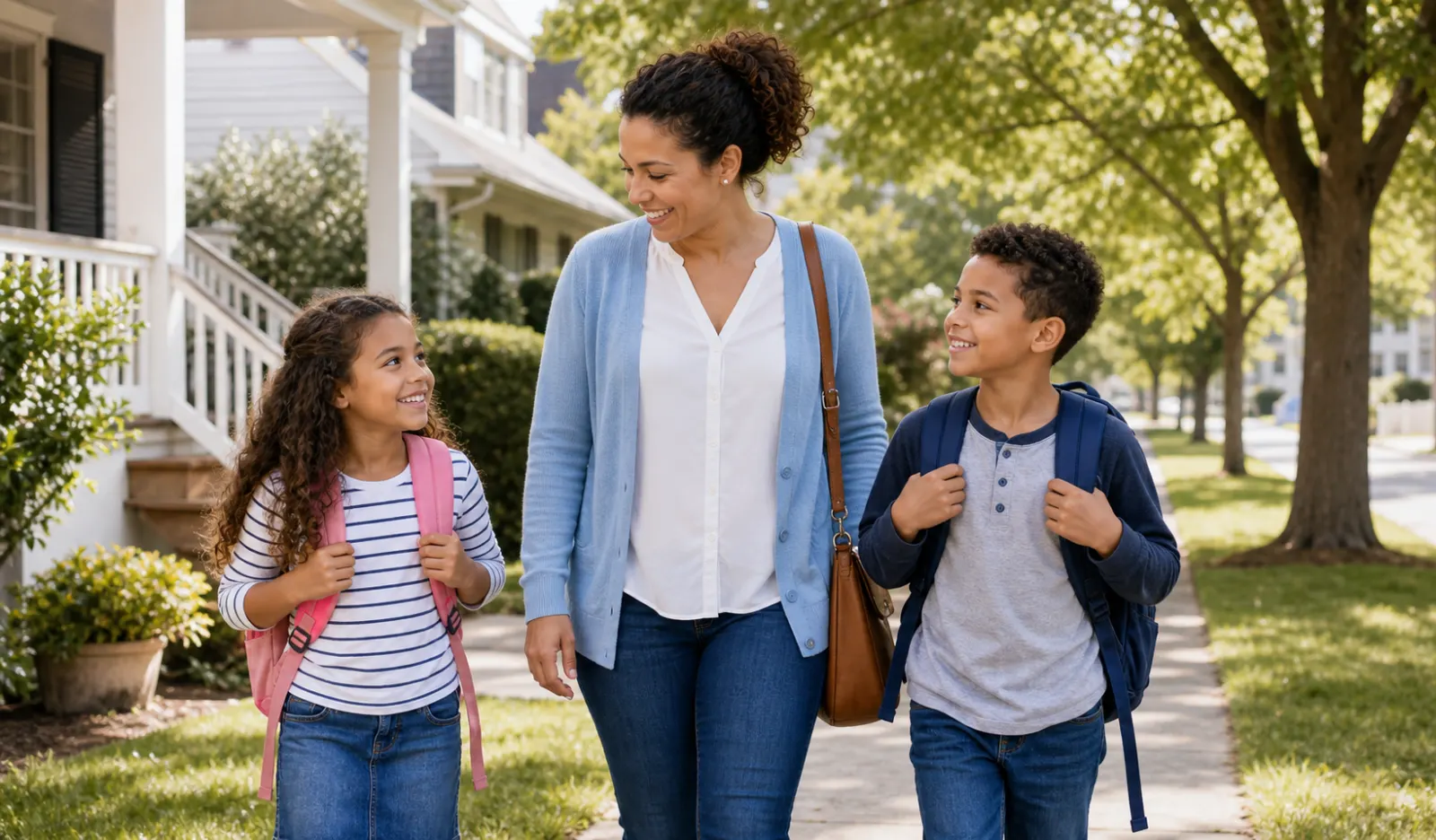 Full-time nanny walking home with children after school