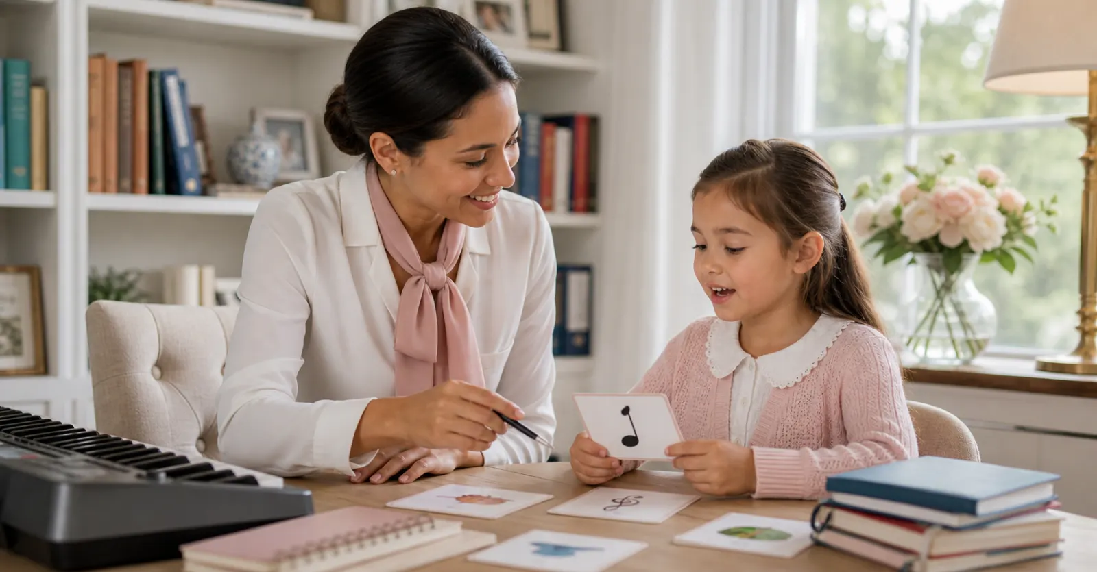 Governess guiding a child through a refined learning activity