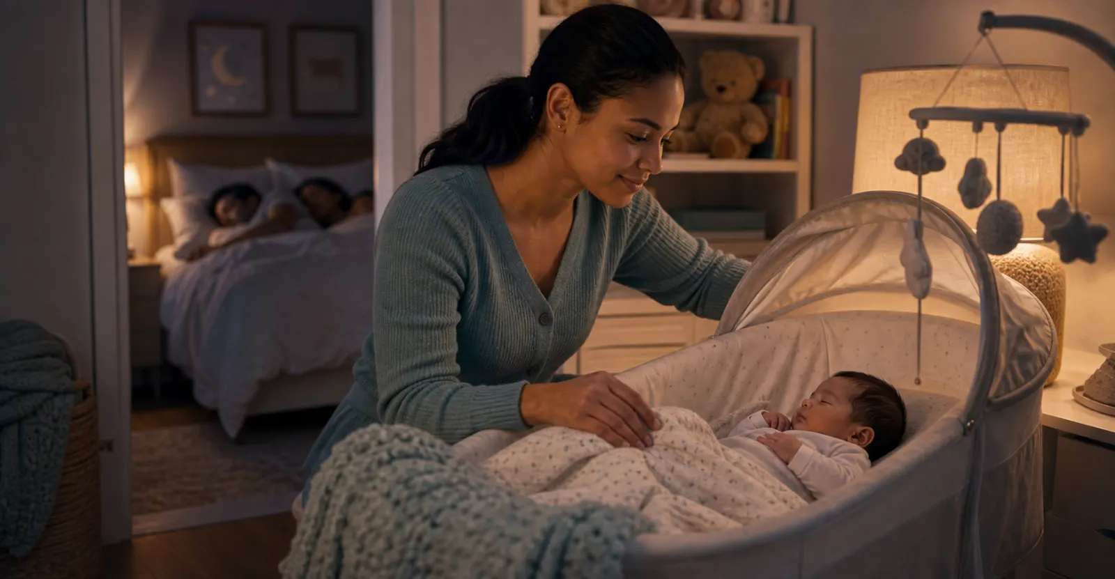 Night nanny gently caring for infant beside a bassinet