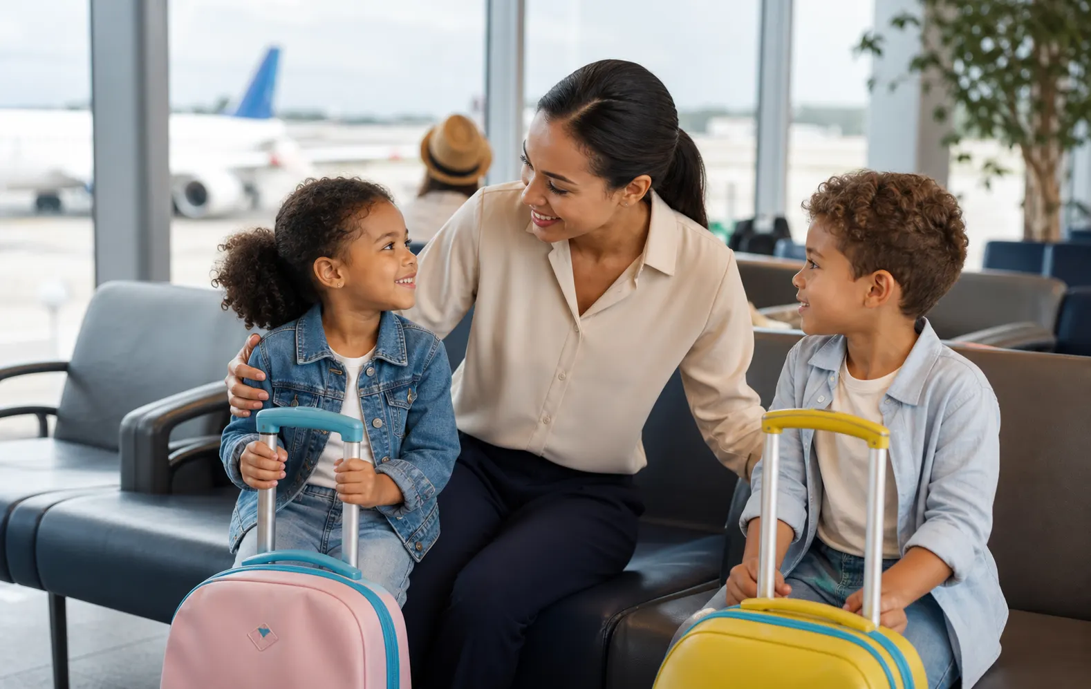 Travel nanny helping children with luggage